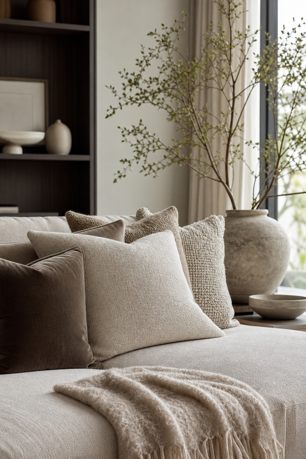 Use Pillows In Related Textures for Trending Sofa Designs To Anchor A Stylish Living Room