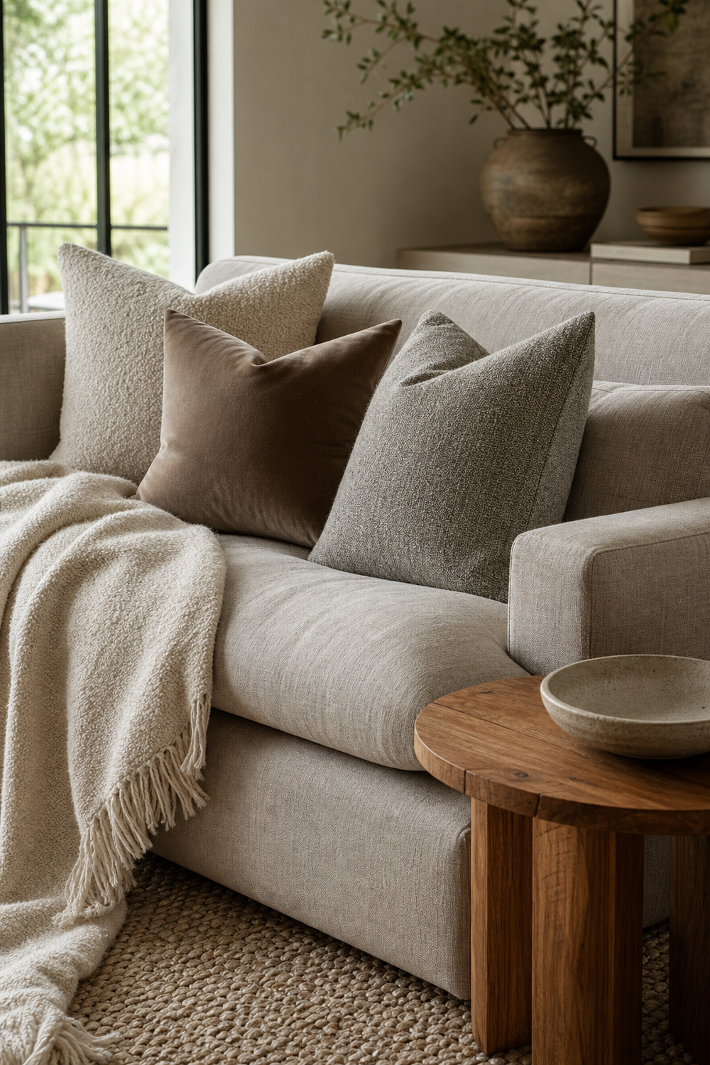 Use Pillows In Related Textures for Single Sofa Ideas To Anchor A Stylish Living Room