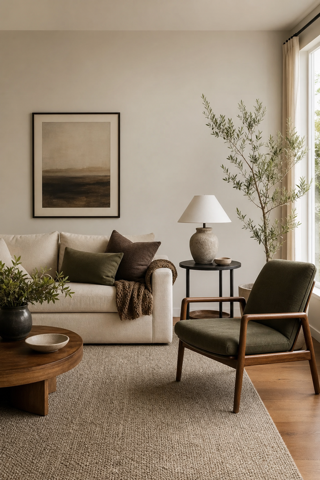 Aesthetic living room with edited layout and clean pathways