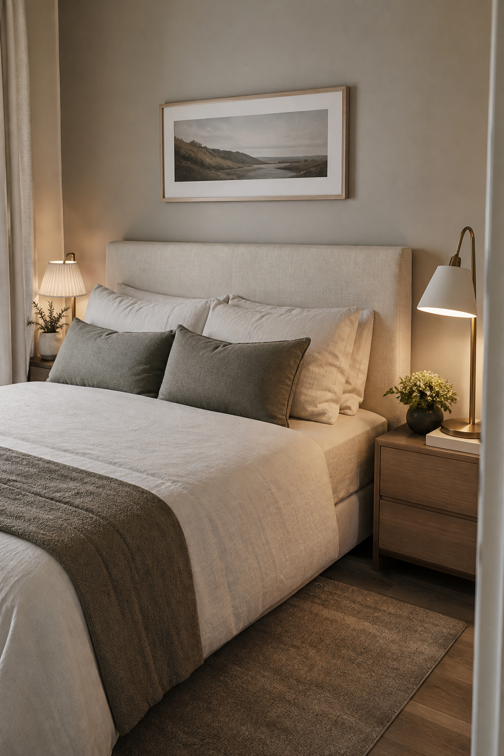 Small bedroom with slim upholstered headboard saving space