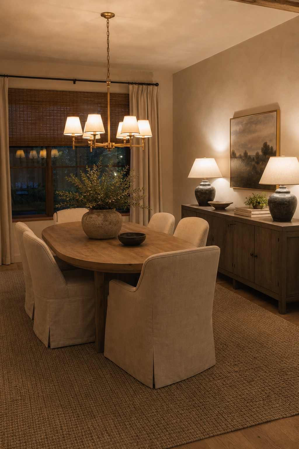 Inviting dining room with oval oak table, upholstered chairs, sideboard, and warm plaster walls