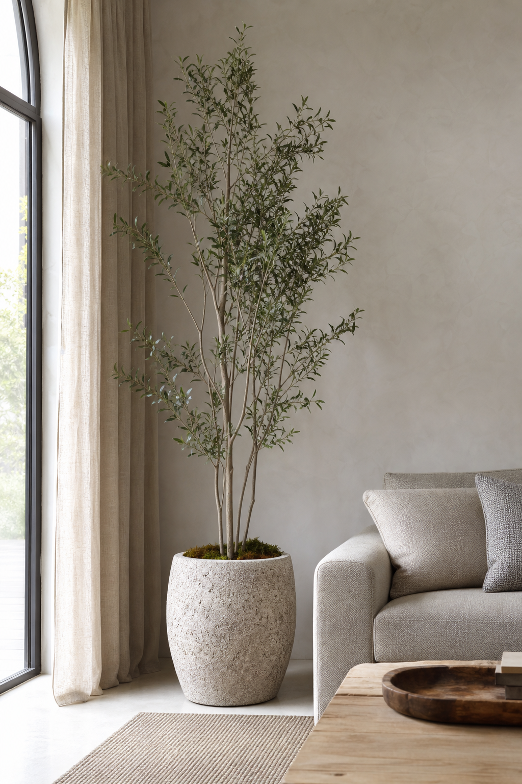 Minimal greenery with one indoor tree in a textured planter