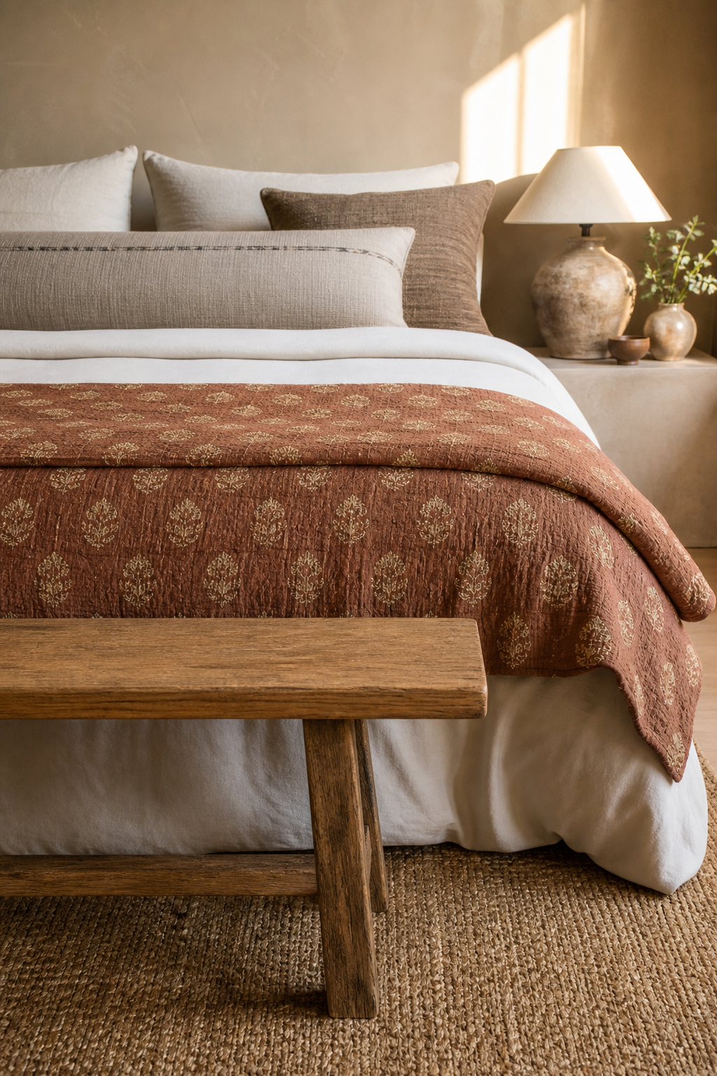 Earthy bedroom with ivory duvet and folded clay block-printed quilt
