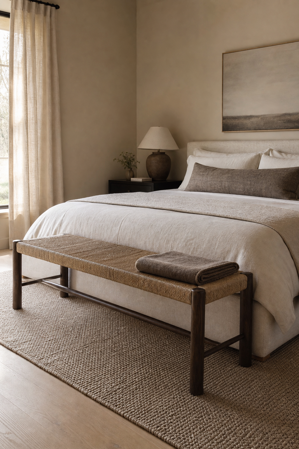 Minimal bedroom with a narrow woven bench at the foot of a cream bed and one folded wool throw