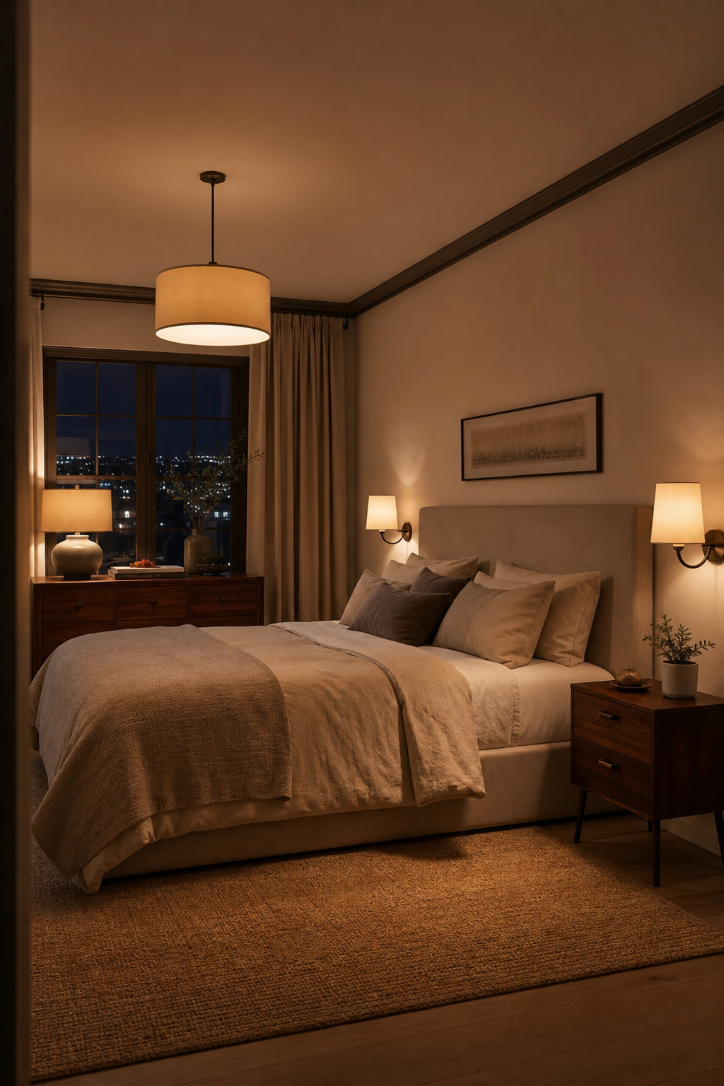 Cozy stylish bedroom with layered evening lighting, warm sconces, pendant light, dresser lamp, and rich bedding textures