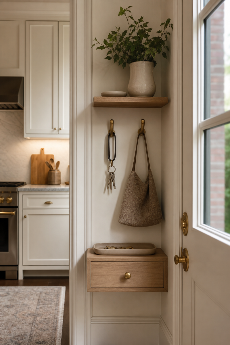 Kitchen entry landing spot with oak shelf brass hooks and closed drawer