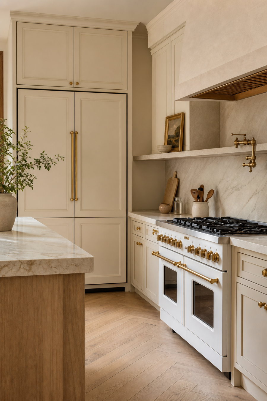 Warm neutral kitchen with paneled appliances and matte white range