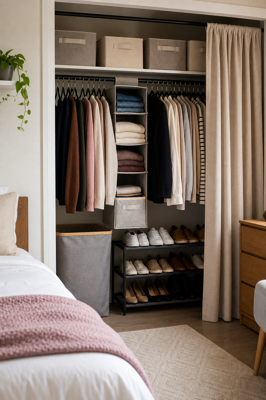 Organized dorm closet with slim hangers, fabric bins, and structured hamper