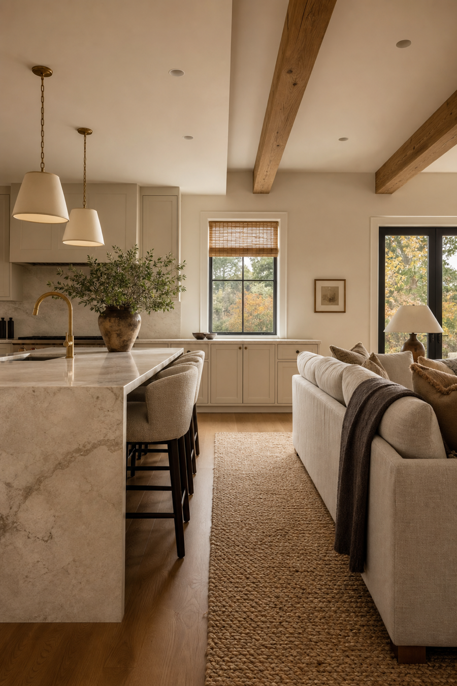 Open kitchen balanced with soft living room materials