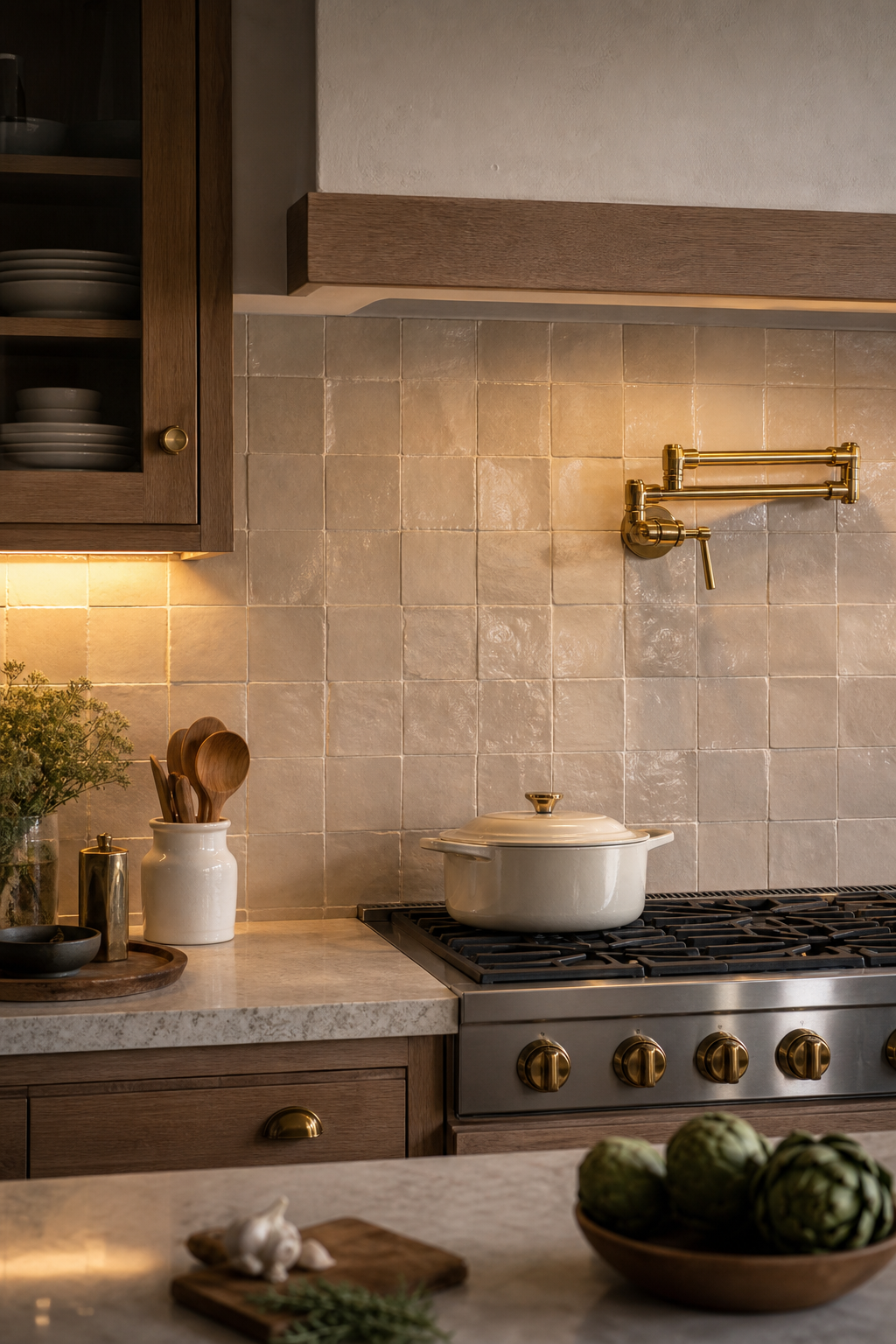 Cozy kitchen with creamy taupe handmade tile backsplash and wood cabinets