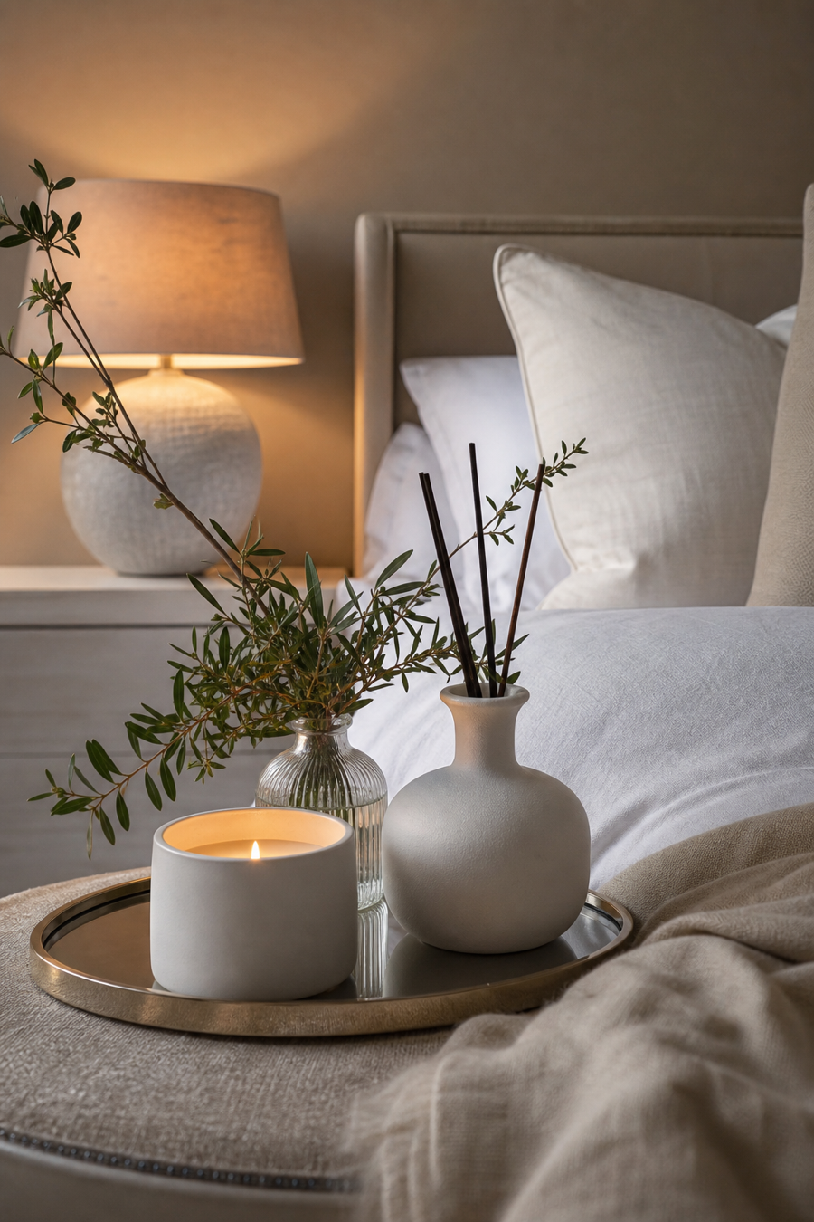 Elegant scent vignette with candle, diffuser, and fresh branches