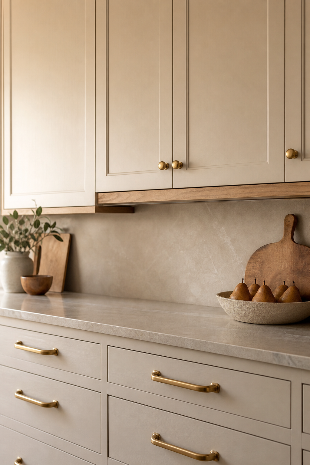 Simple kitchen cabinet wall with consistent aged brass pulls and warm neutral shaker doors
