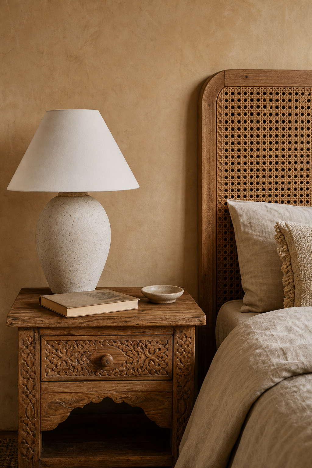 Boho bedroom nightstand with handmade carved wood and simple styling