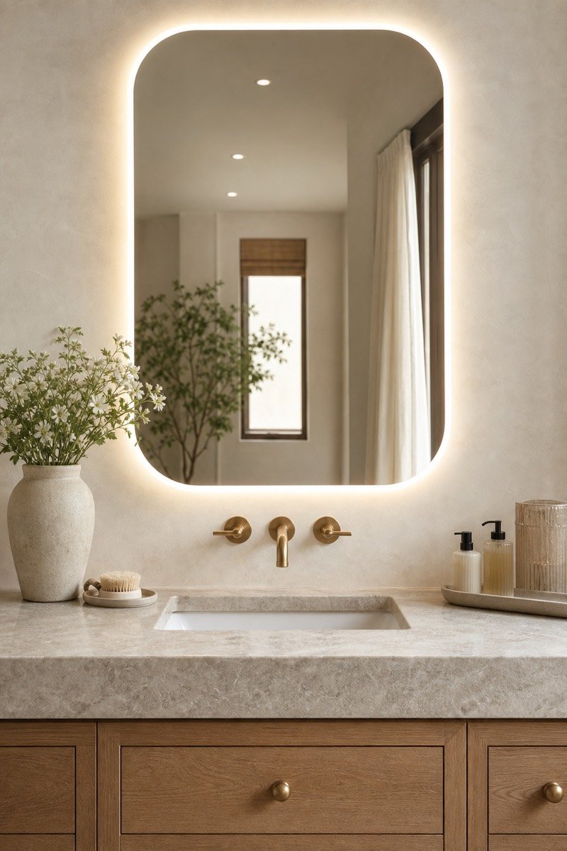 small apartment vanity mirror in a bright elevated vanity area