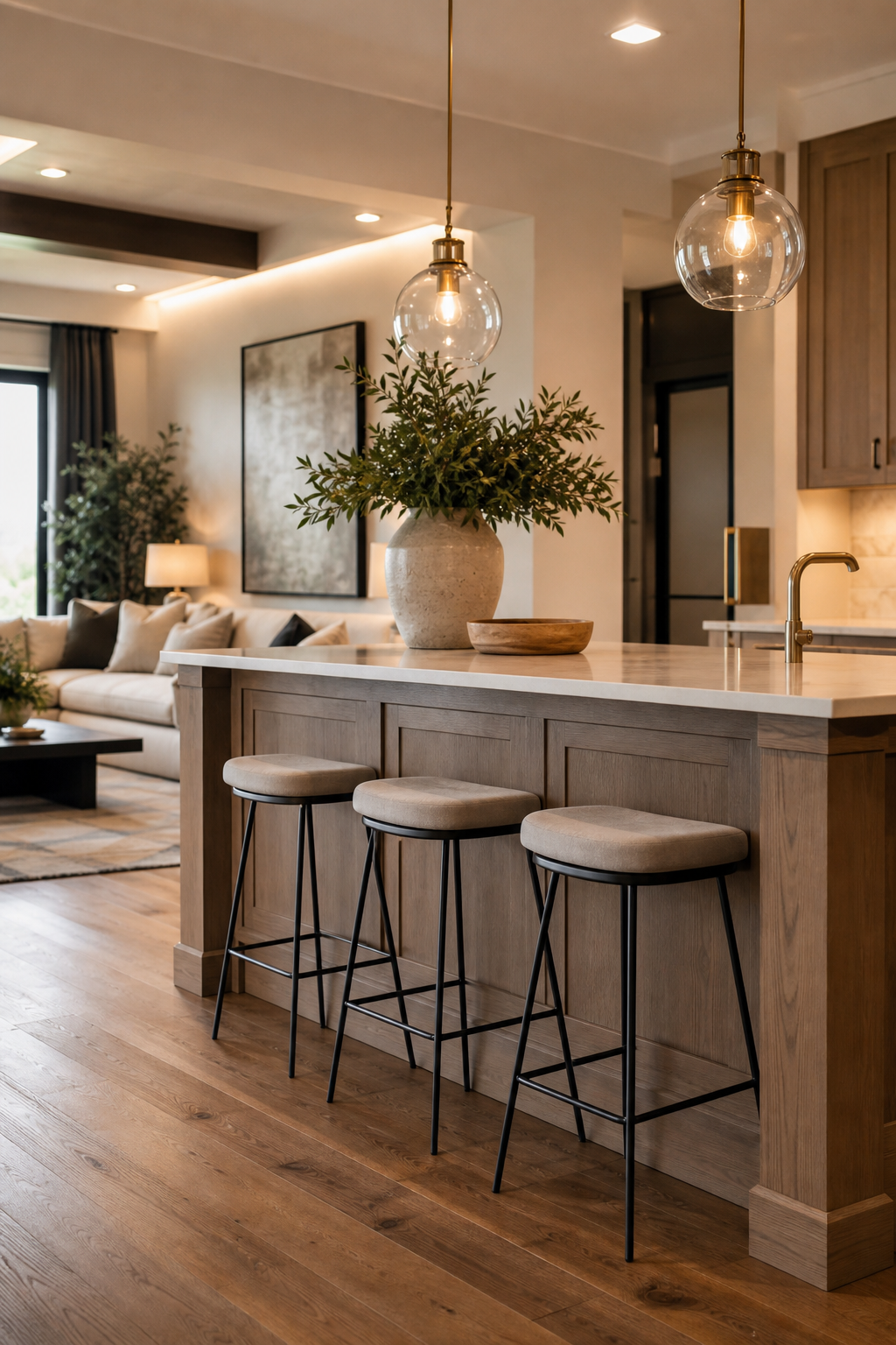 Finished kitchen island face connecting an open kitchen to the living area