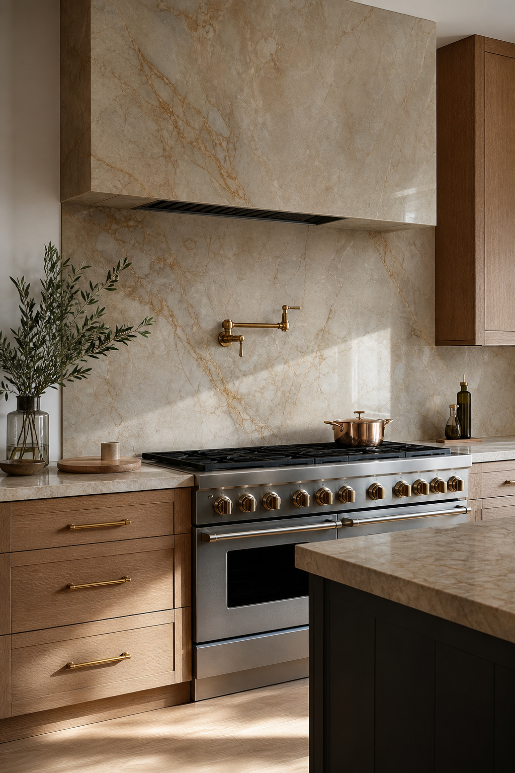 Modern kitchen range wall with full-height warm quartzite slab backsplash