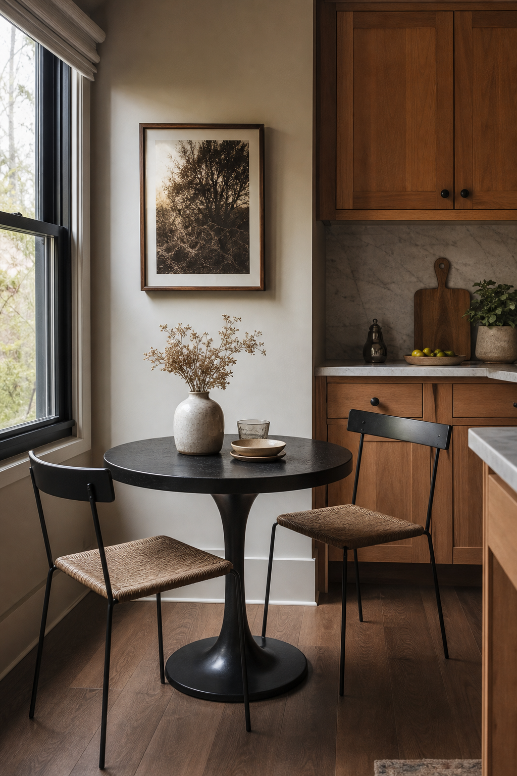 Small kitchen corner with a round bistro table and two slim chairs