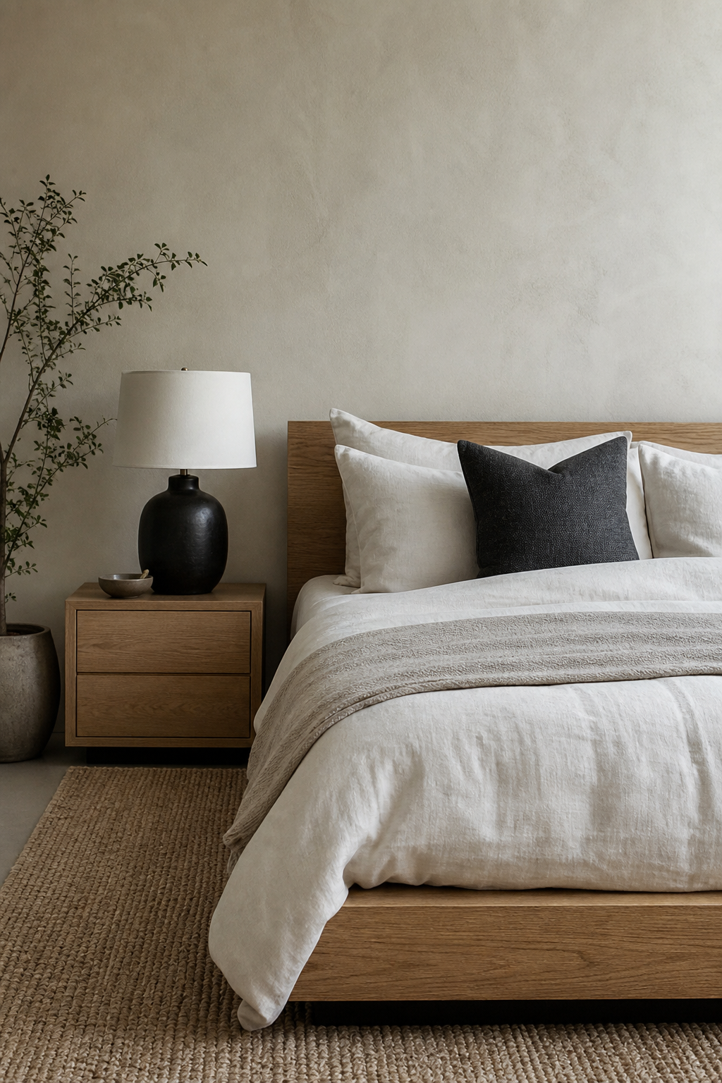 Japandi bedroom with add Charcoal for Quiet Contrast