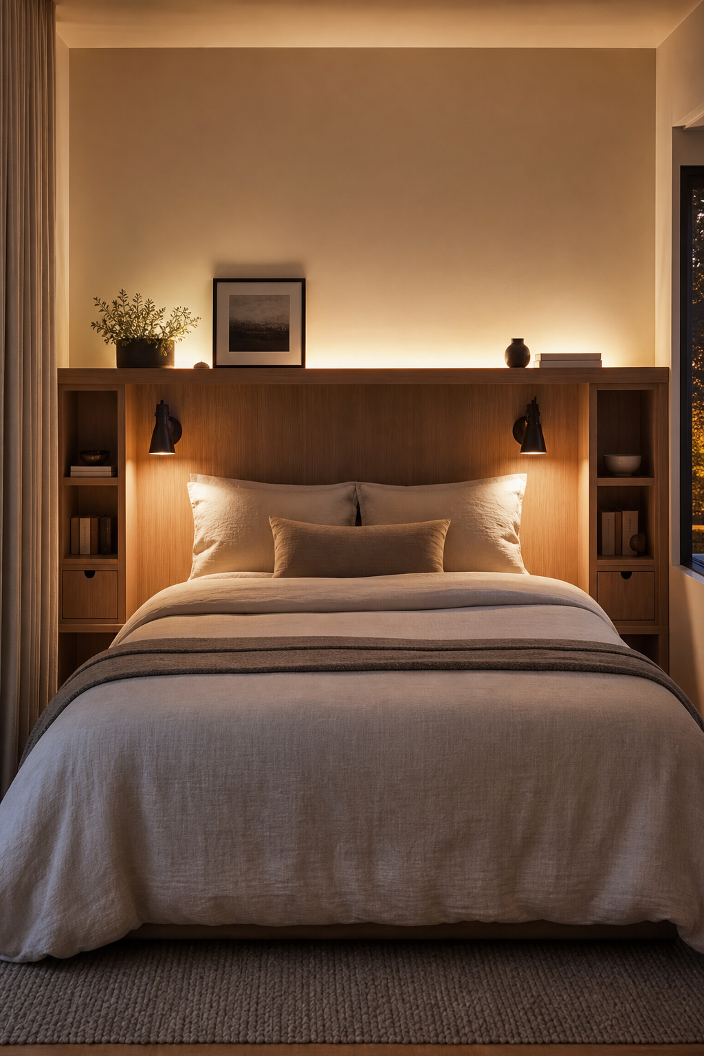 Small bedroom with custom wood storage headboard, ledge, cubbies, and integrated sconces