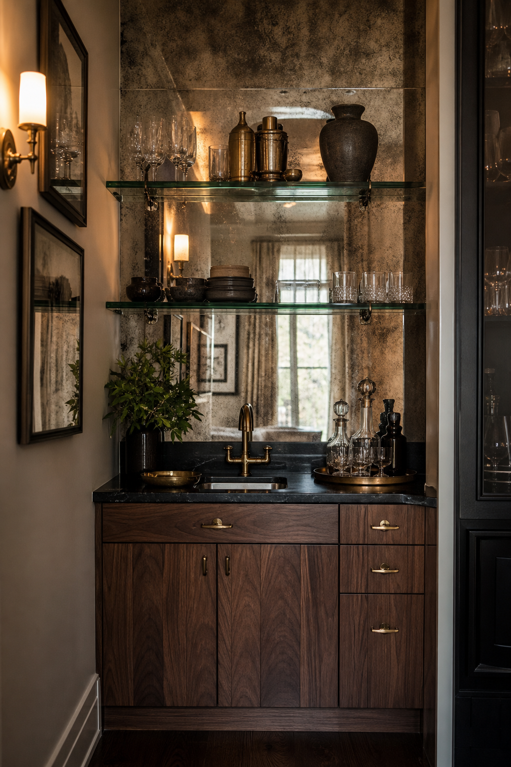 Very small kitchenette with antique mirrored backsplash, walnut cabinets, and black stone counter