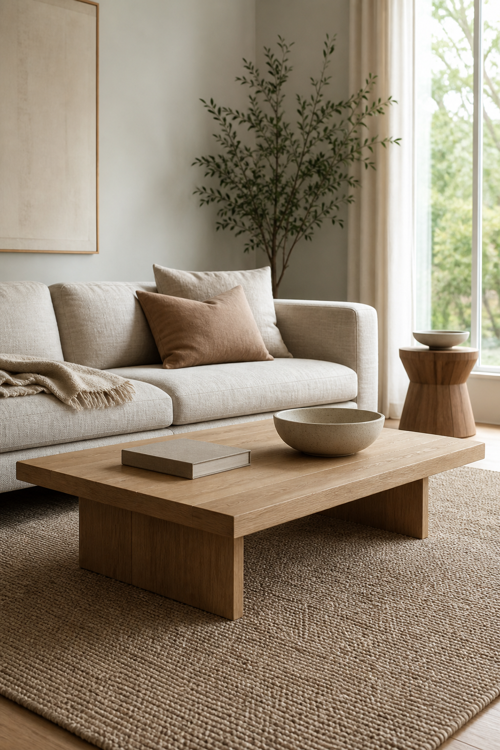 Scandinavian living room with low simple pale oak coffee table