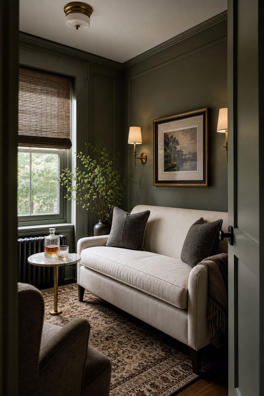 Small sophisticated sitting room with smoky green walls, tailored loveseat, brass sconce, and space-saving decor