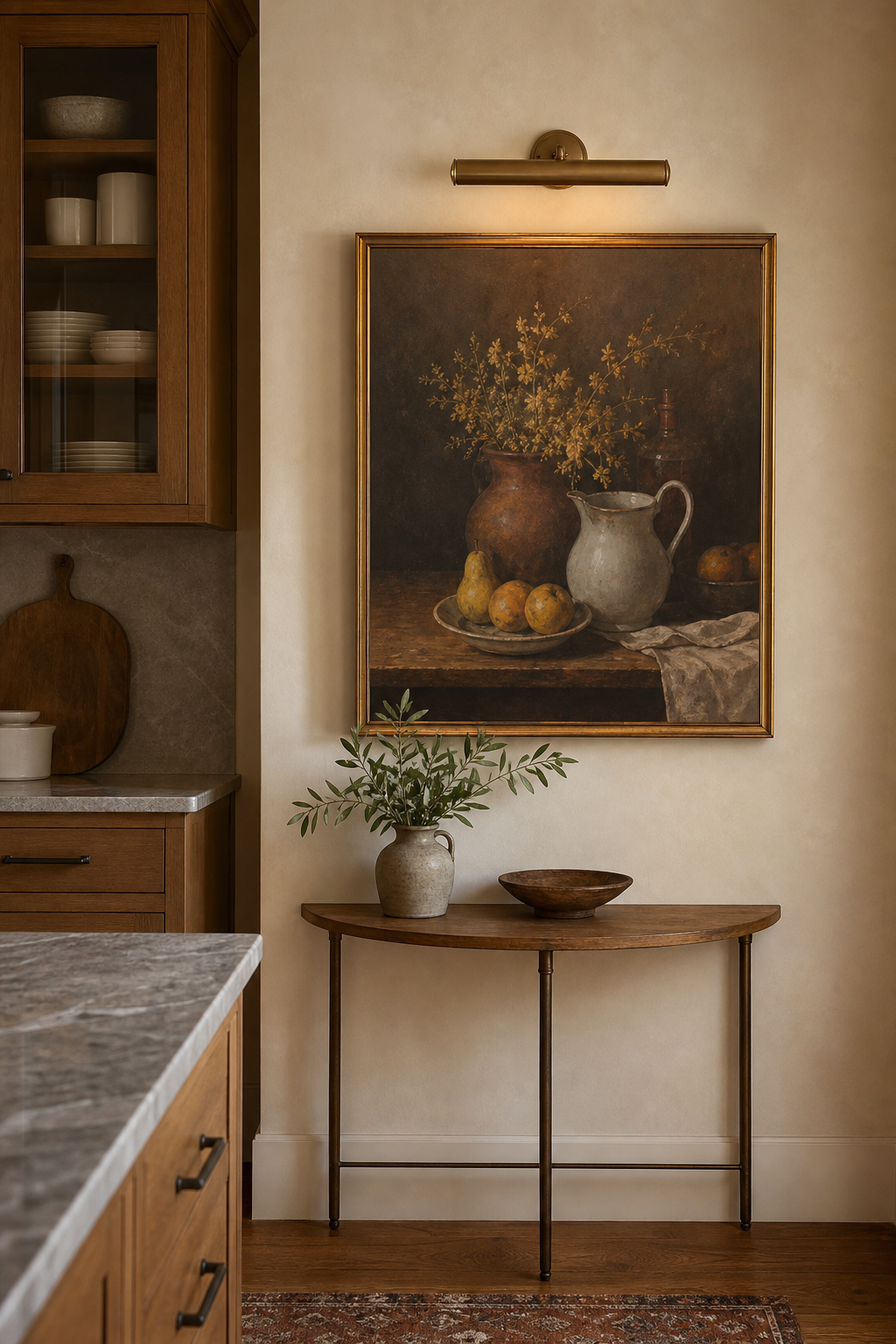 wall art away from splatter in a warm functional kitchen