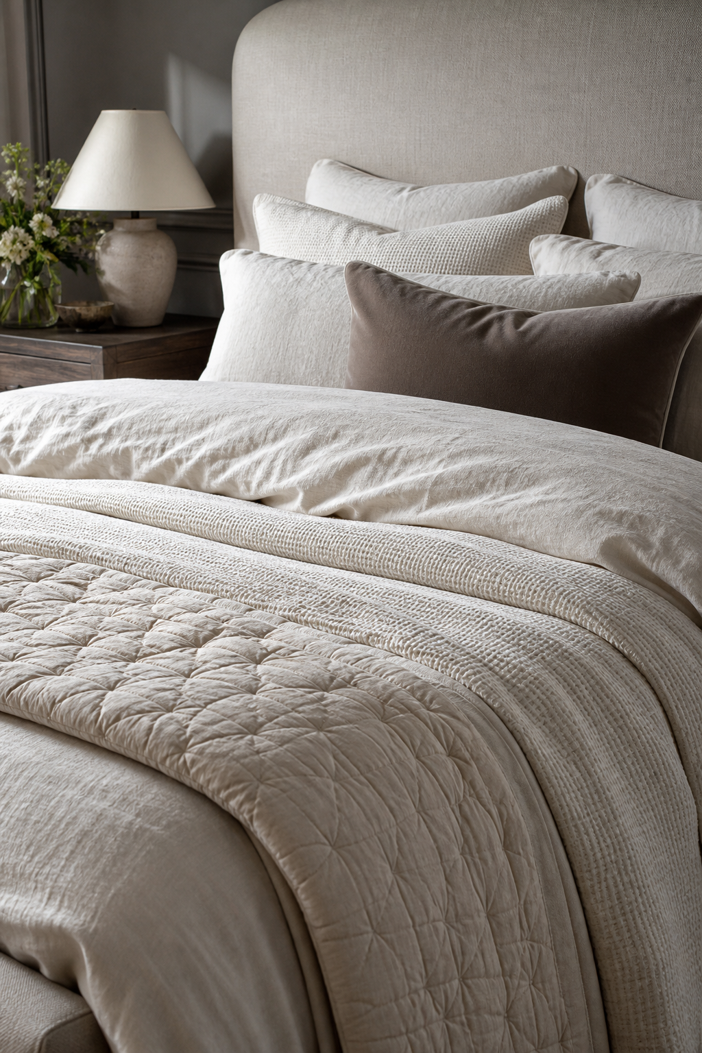 Personal bedroom bed layered with linen duvet, waffle coverlet, velvet pillow, and soft quilt