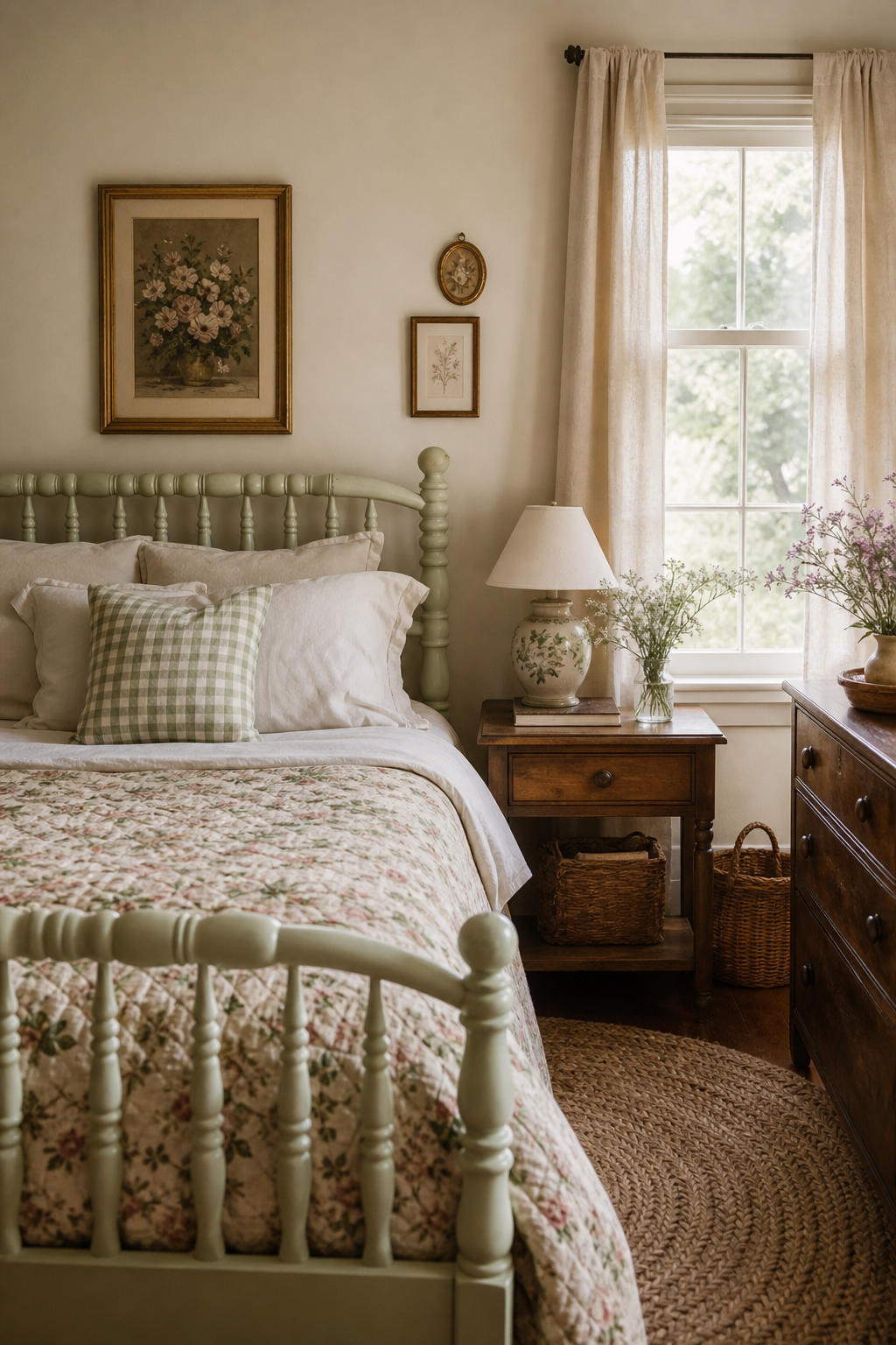 Cottagecore bedroom with spindle bed, floral quilt, braided rug, and vintage art