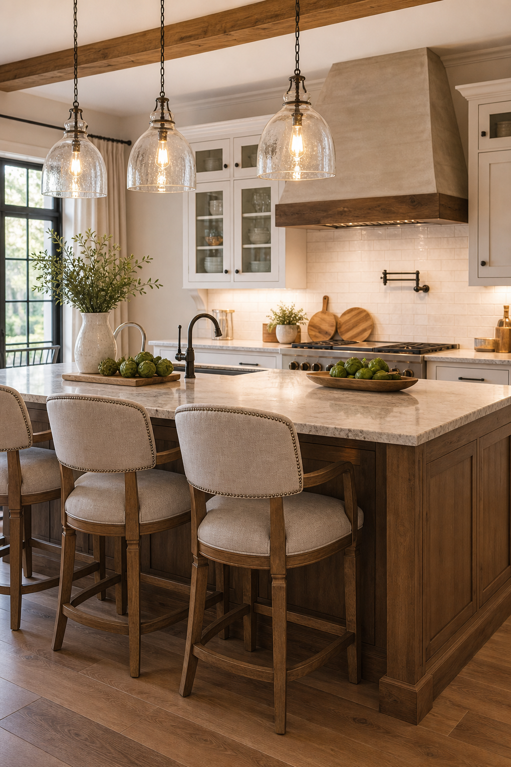 Gathering-friendly modern farmhouse kitchen island with comfortable stools
