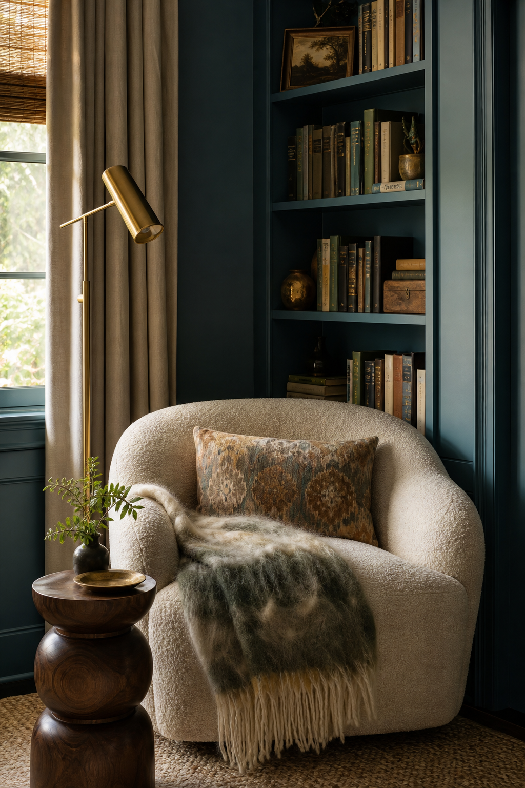 Color-drenched teal reading nook with boucle armchair, brass floor lamp, built-in shelves, and mohair throw