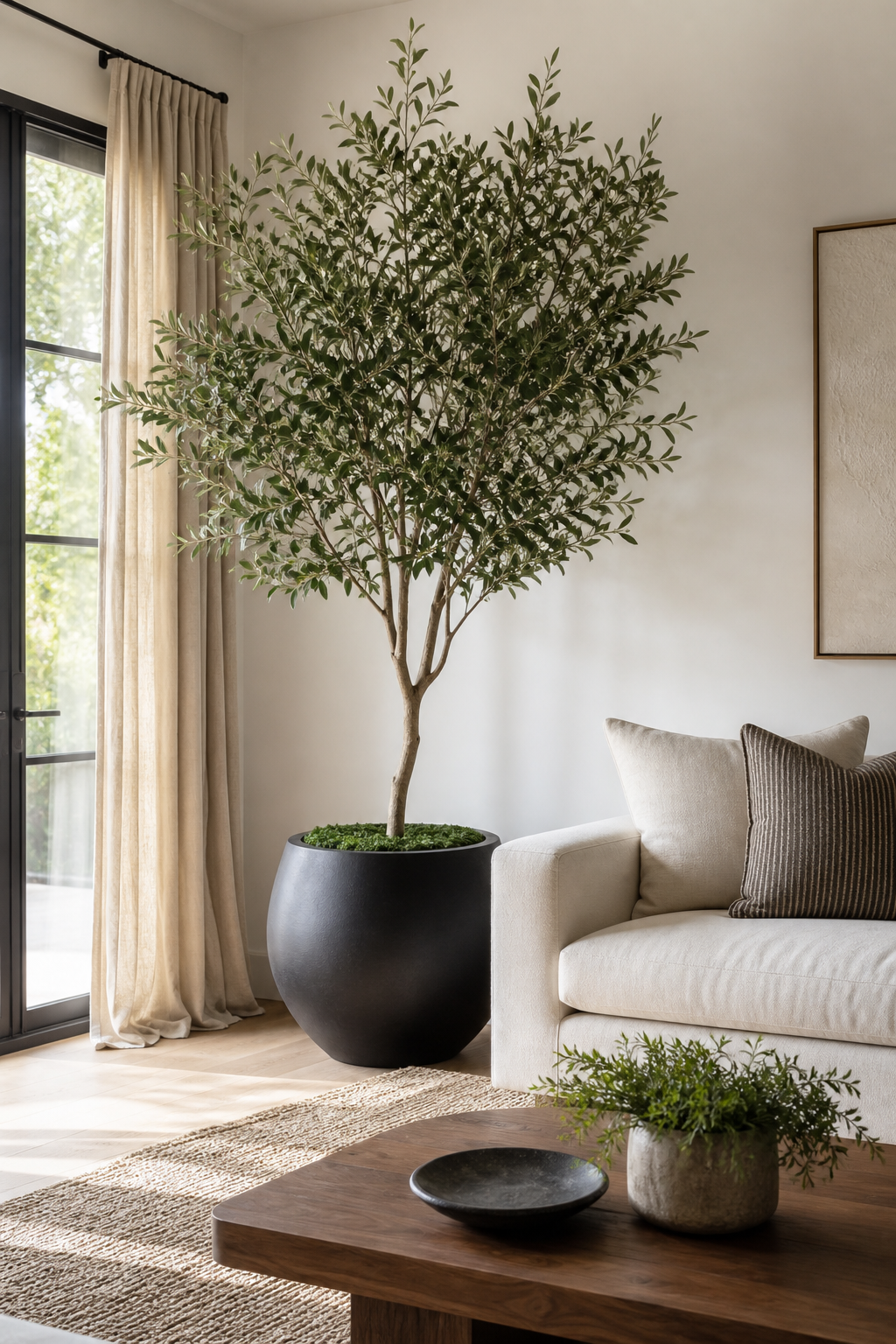 Oversized indoor tree in a modern clay planter