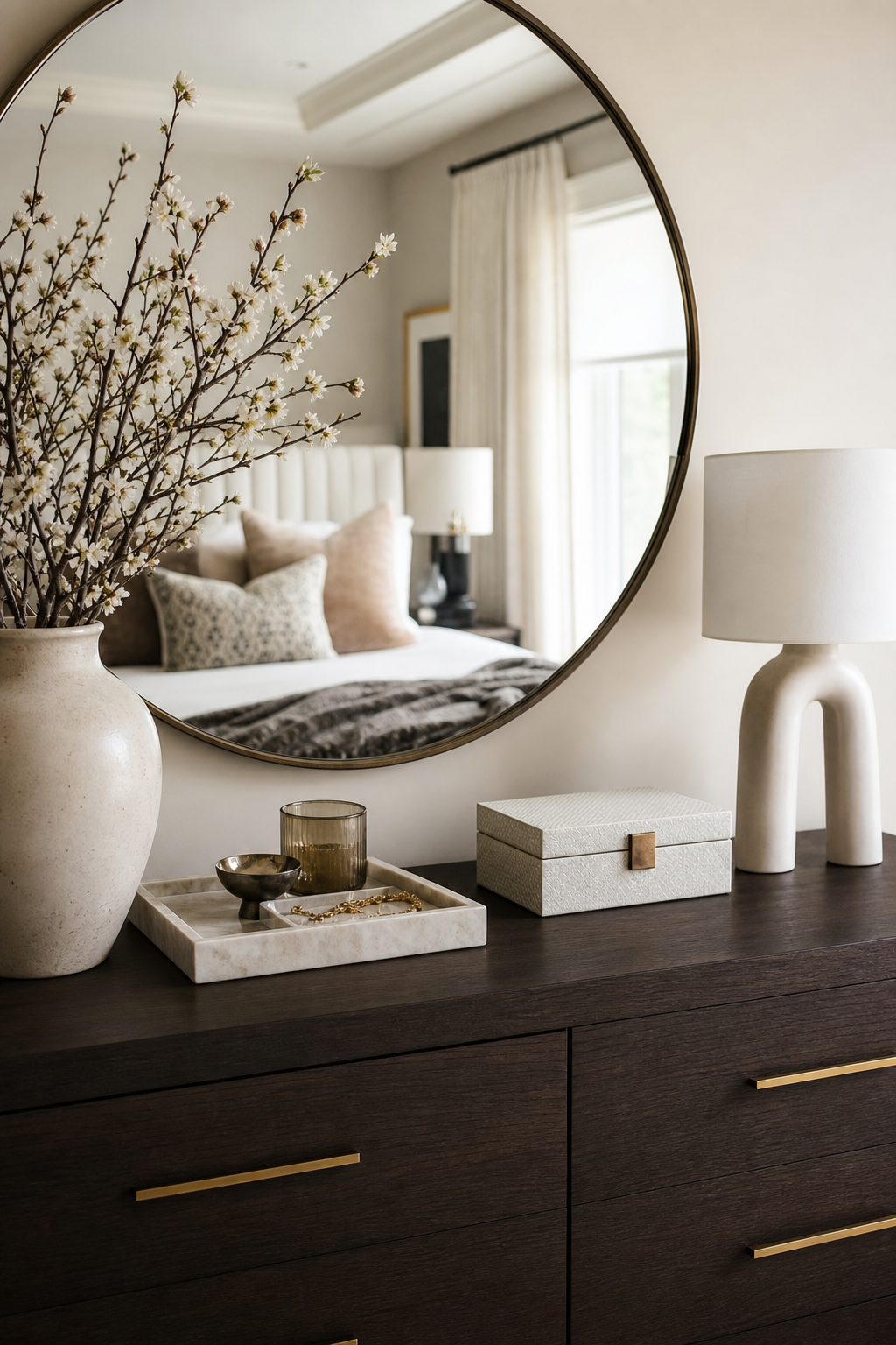 Modern dresser styled with a lamp, vase, tray, and mirror
