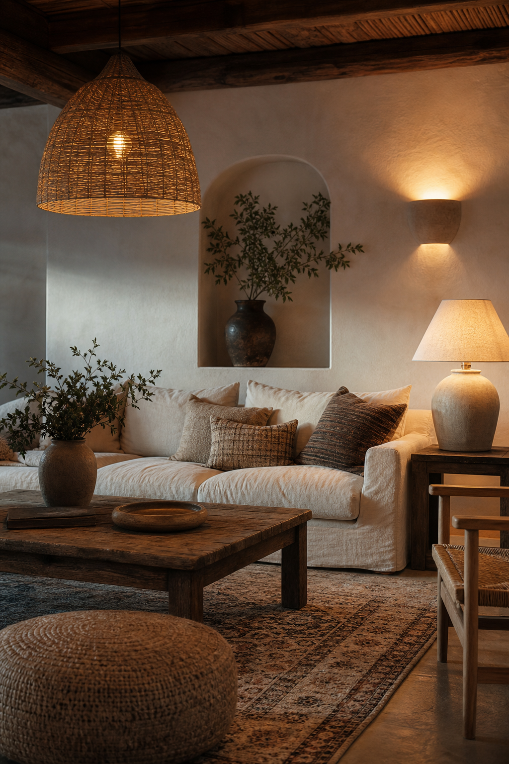 Layered textured lighting creating a cozy glow in a boho living room
