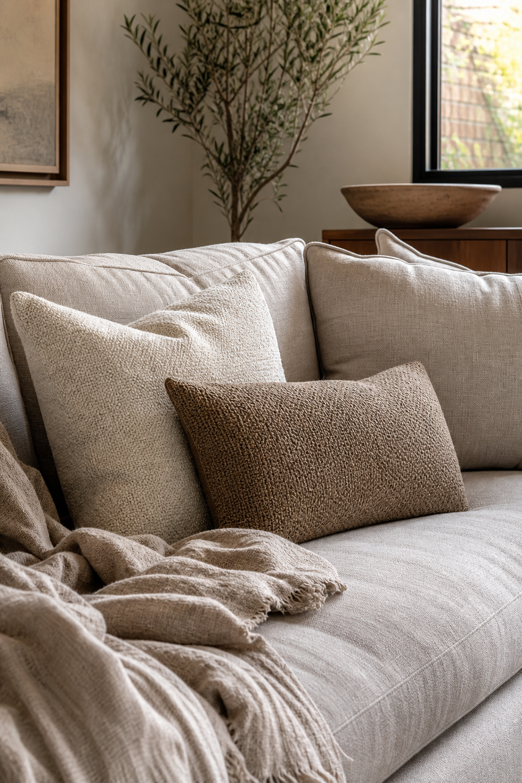 Restrained pillows and throw adding texture to an apartment sofa