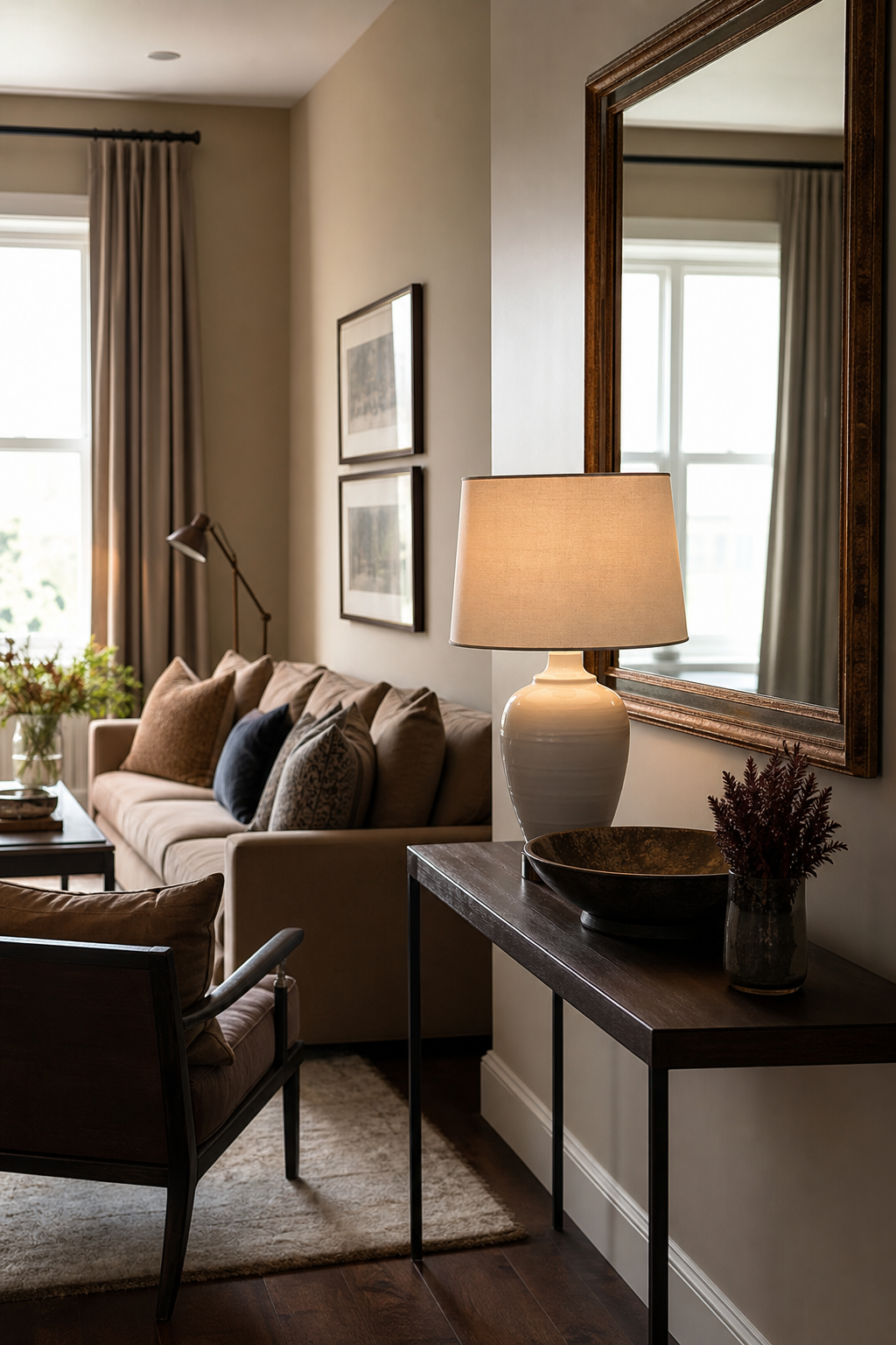 Small living room mirror reflecting natural light and seating