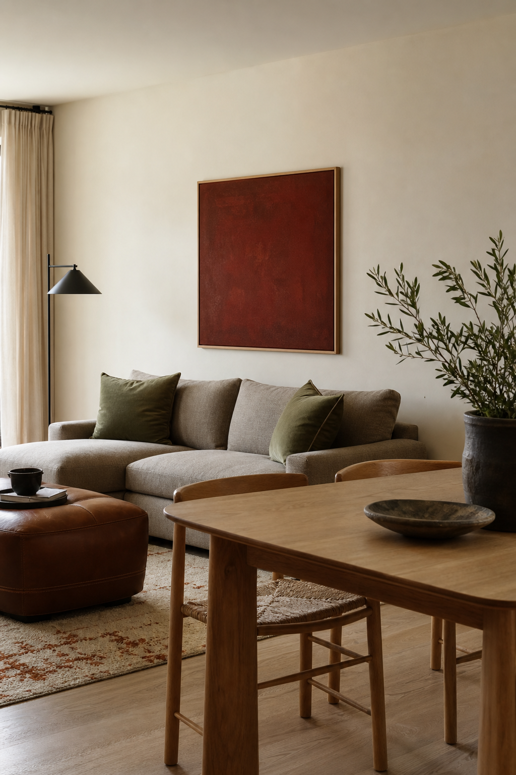 Small apartment with warm neutral palette accented by olive, burgundy, tobacco, and black