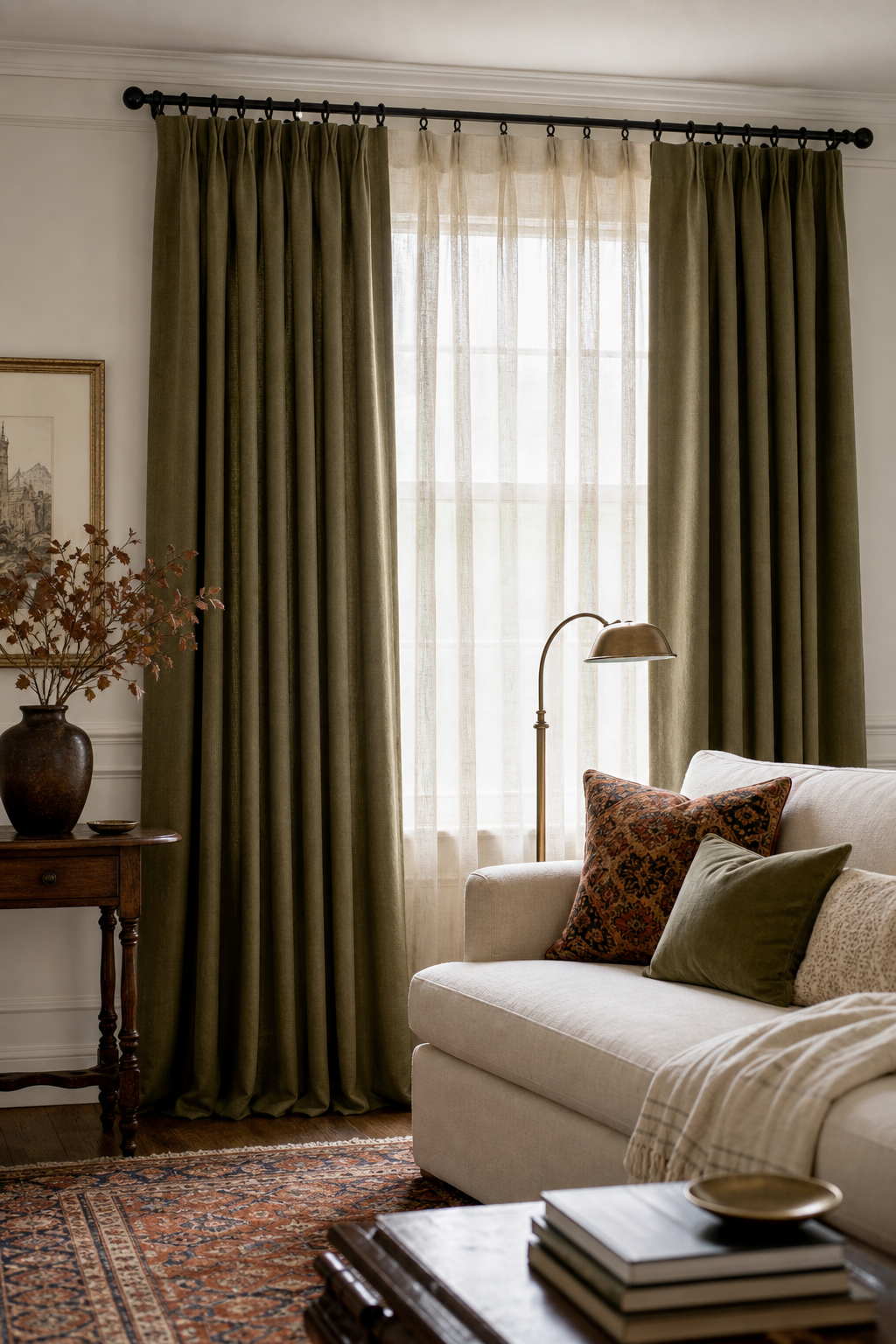Layered olive drapes and linen sheers in an eclectic room