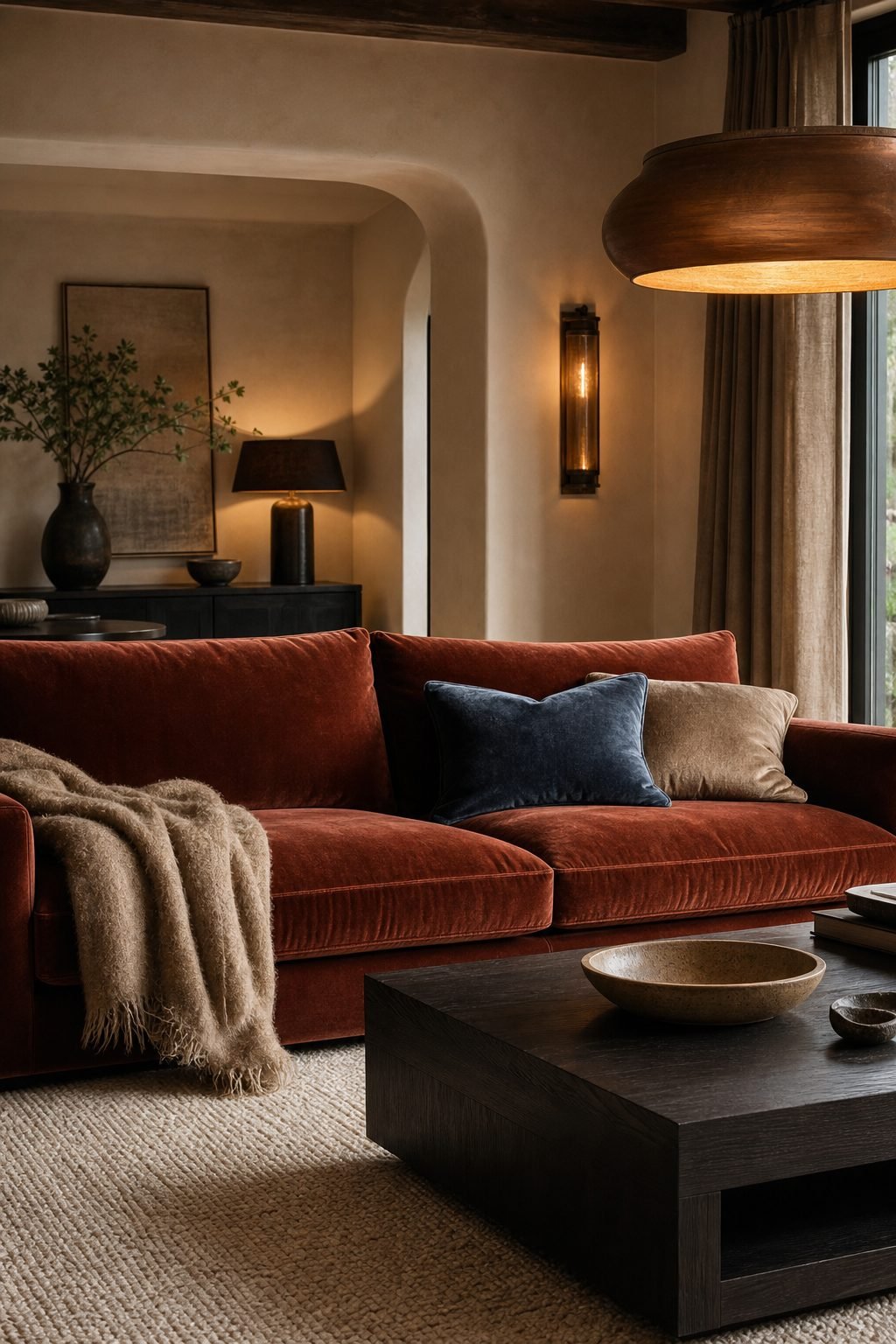 Rust velvet 3 seater sofa creating a rich focal point in a sophisticated living room