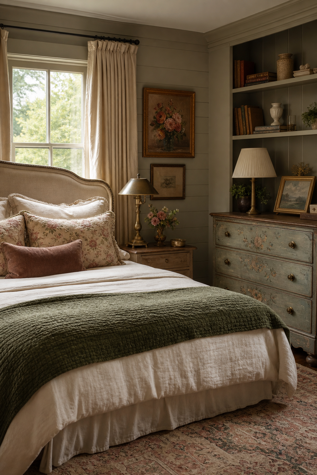Cottage luxury bedroom with painted wood walls, floral pillows, and aged brass lamps