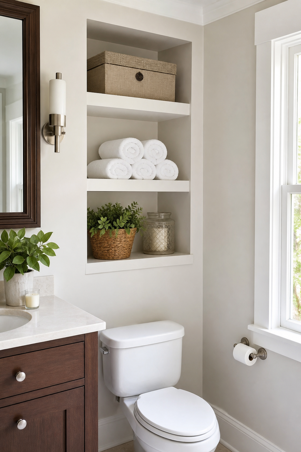Small full bathroom idea with create storage above the toilet that looks built in