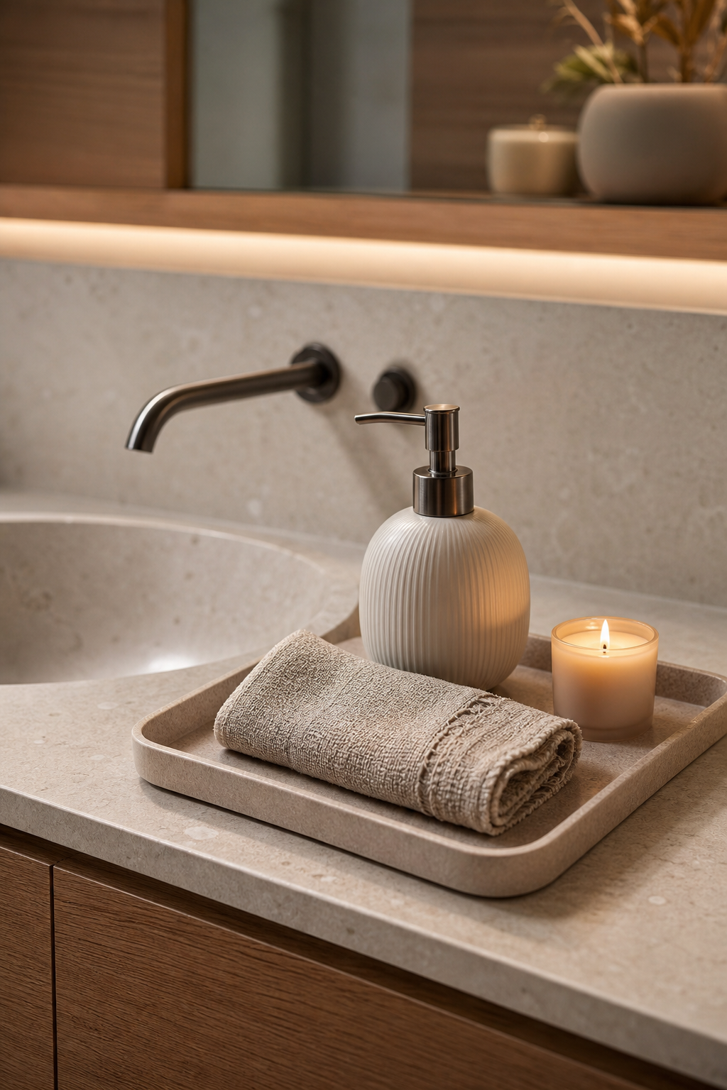 Calm modern bathroom countertop with stone tray, soap, linen cloth, and candle