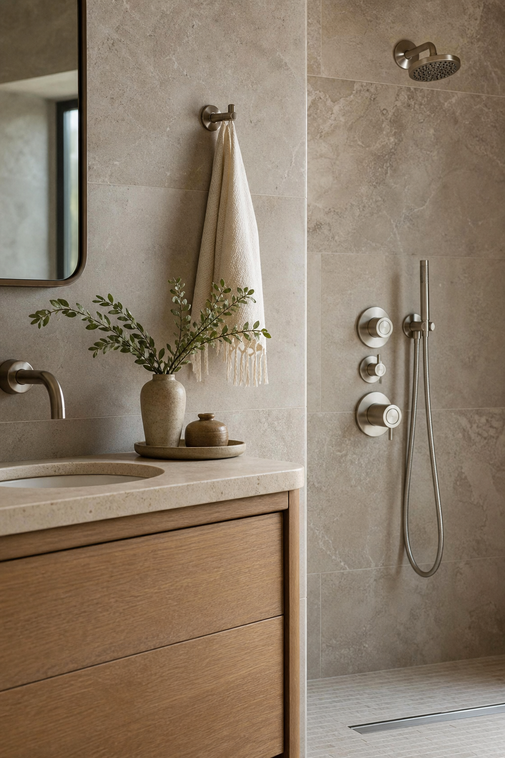 Brushed nickel bathroom fixtures in a quiet spa-like space