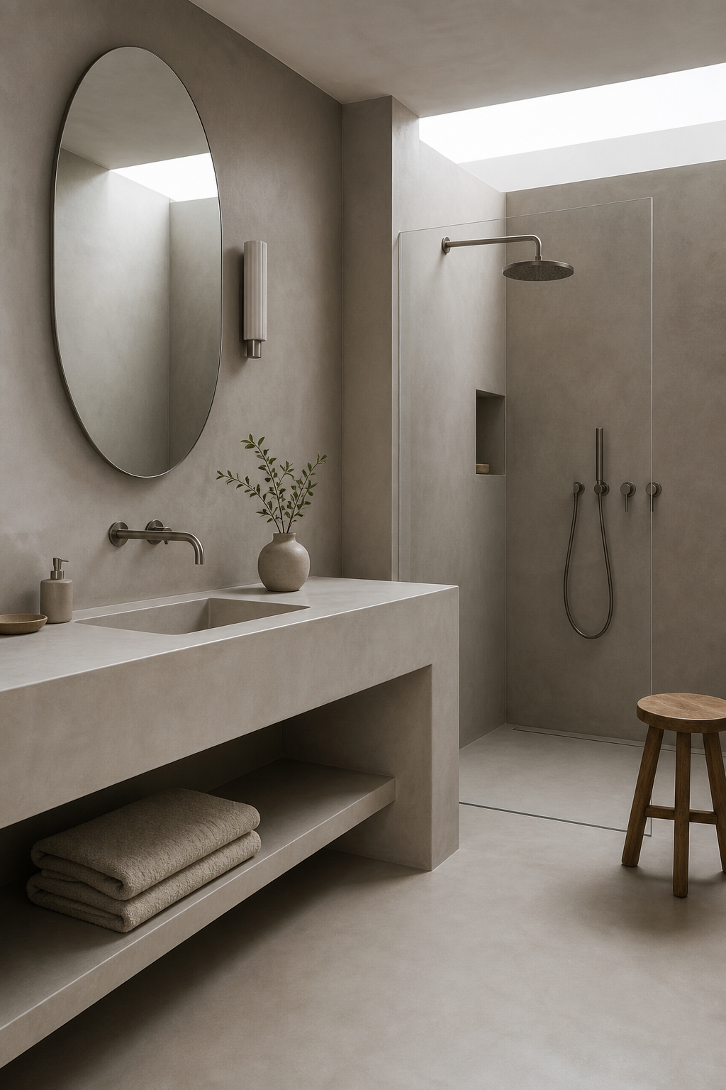 Modern bathroom with seamless warm gray microcement surfaces and minimalist fixtures
