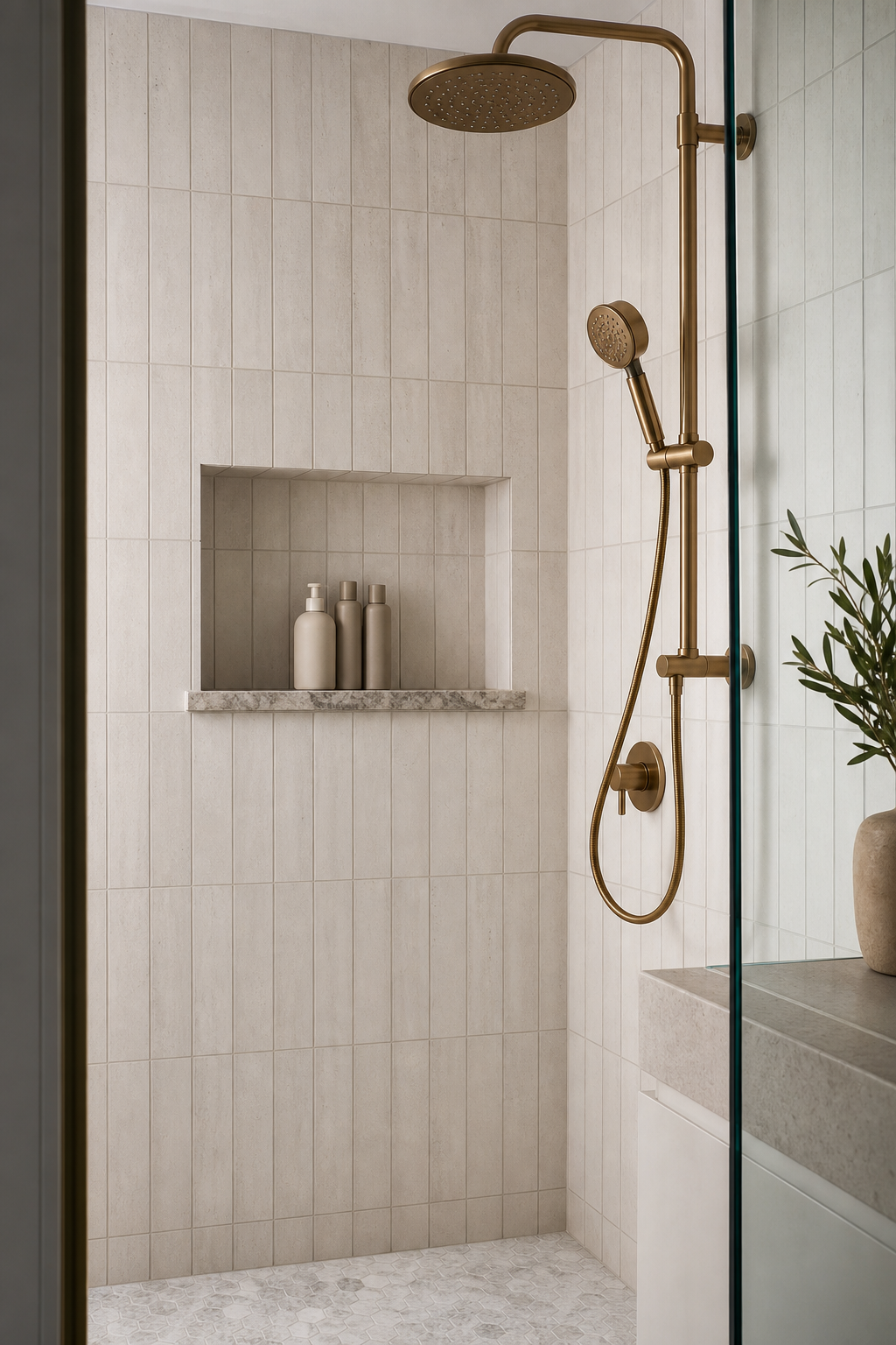 Small bathroom shower with recessed niche for bath products