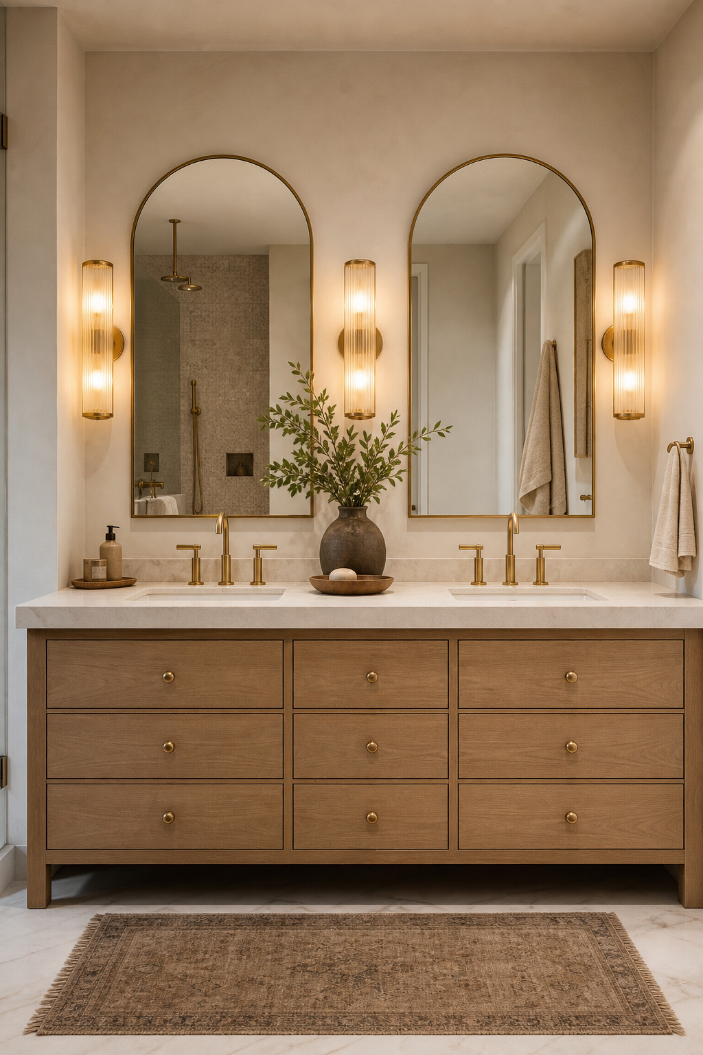 Arched statement mirrors over a master bath vanity