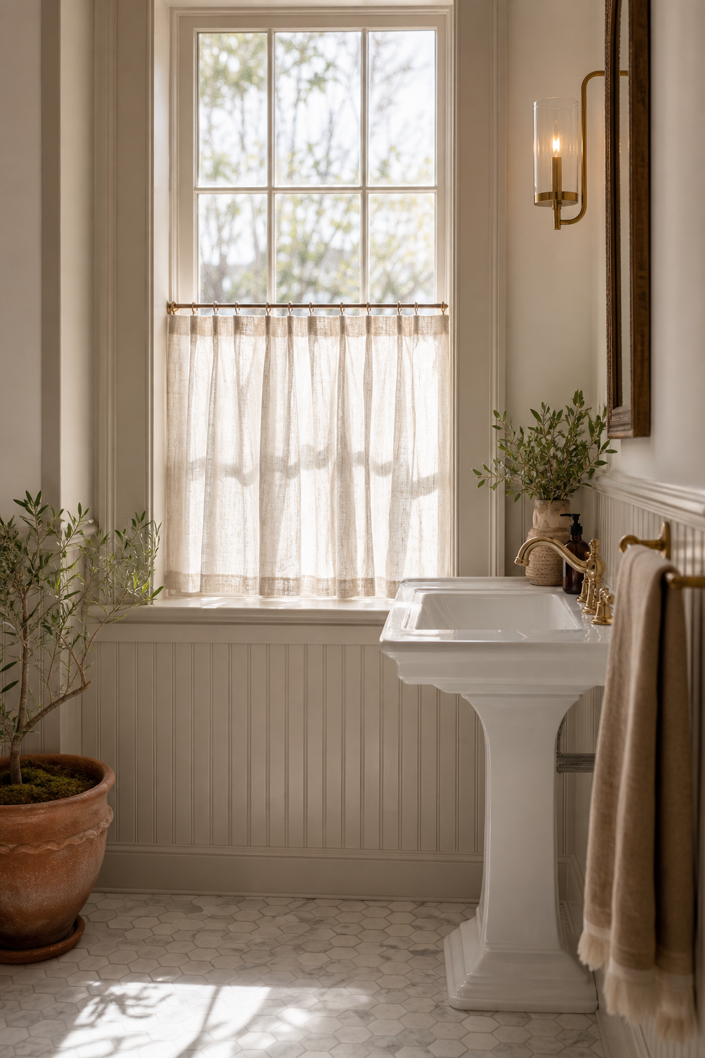 add a linen cafe curtain in a cozy spa-like bathroom