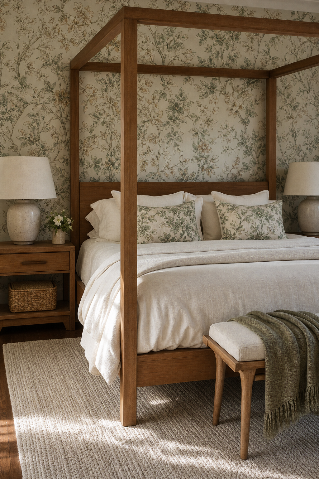 Canopy bed framed against elegant patterned wallpaper