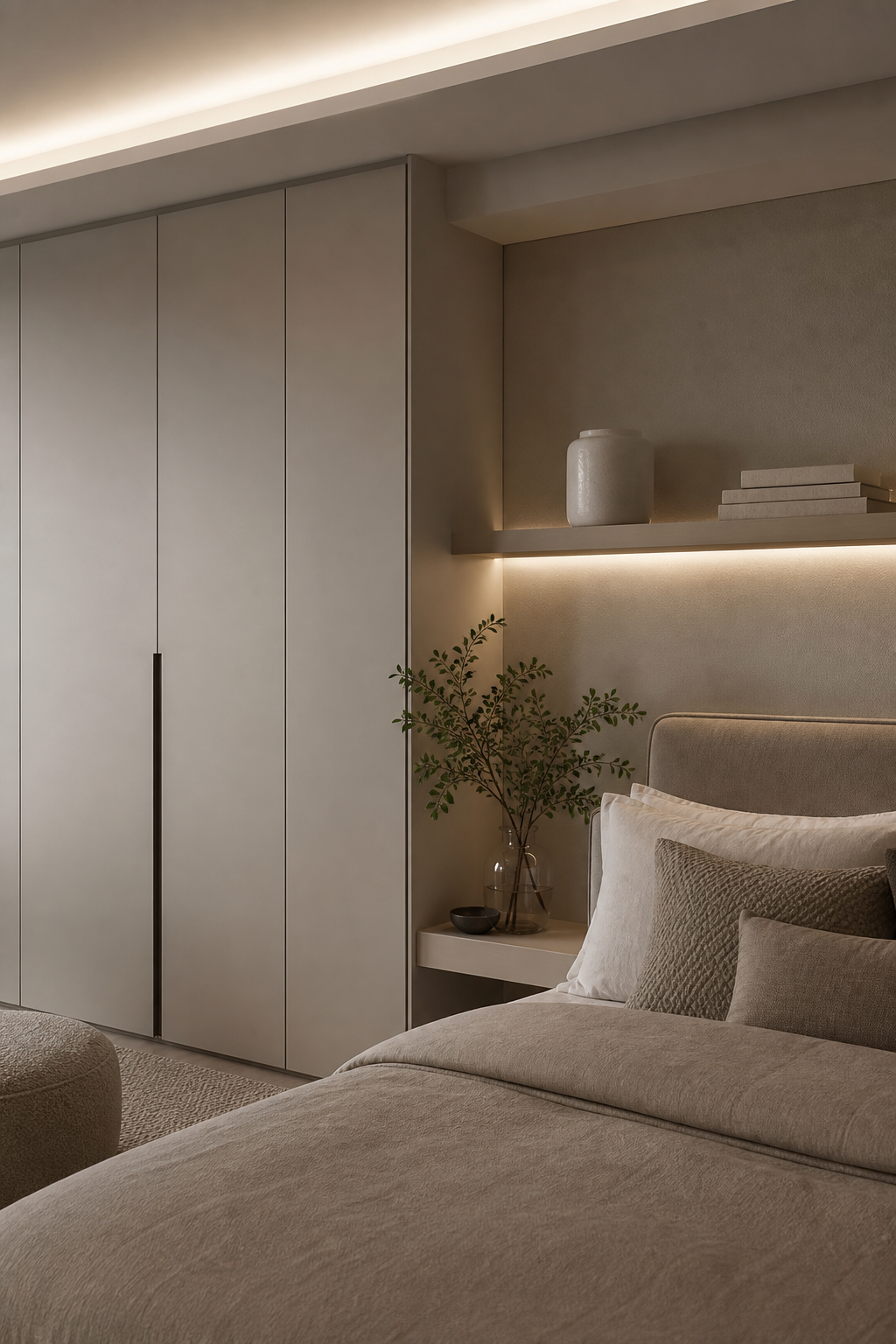 Built-in looking bedroom storage keeping a cozy retreat uncluttered