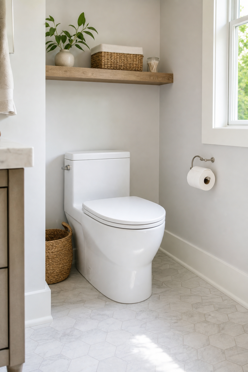 Compact clean-lined toilet in a fresh tiny bathroom